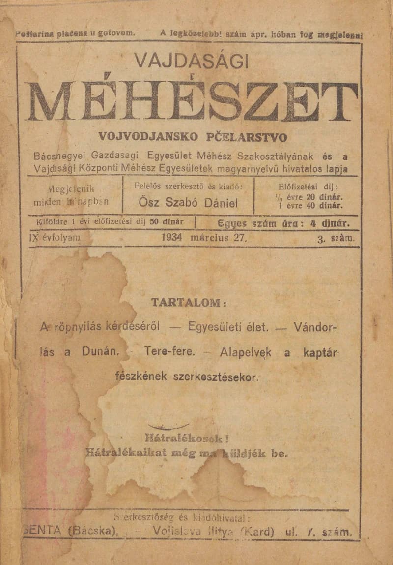 Vajdasági méhészet, 9. évf. 1934. március 27. 3. sz.
