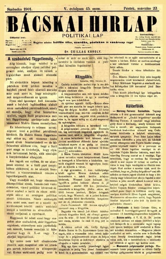 Bácskai Hirlap, 5. évf. 1901. március 22. 45. sz.