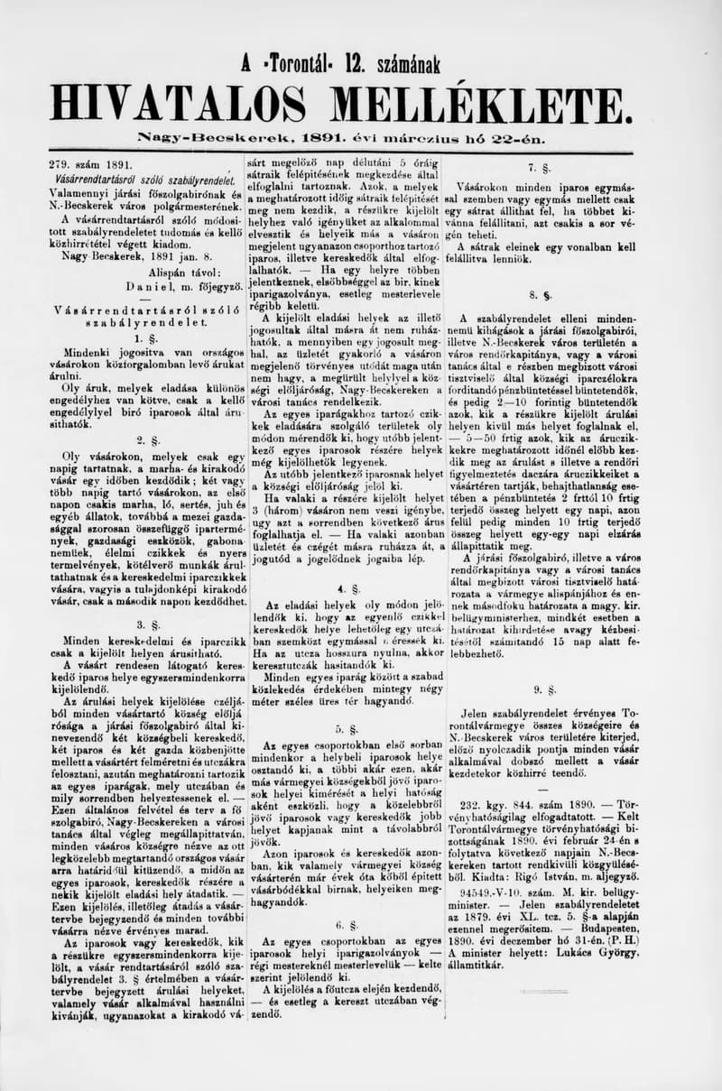 A Totontál  hivatalos melléklete, 4. évf. 1891. március 22. 12. sz.