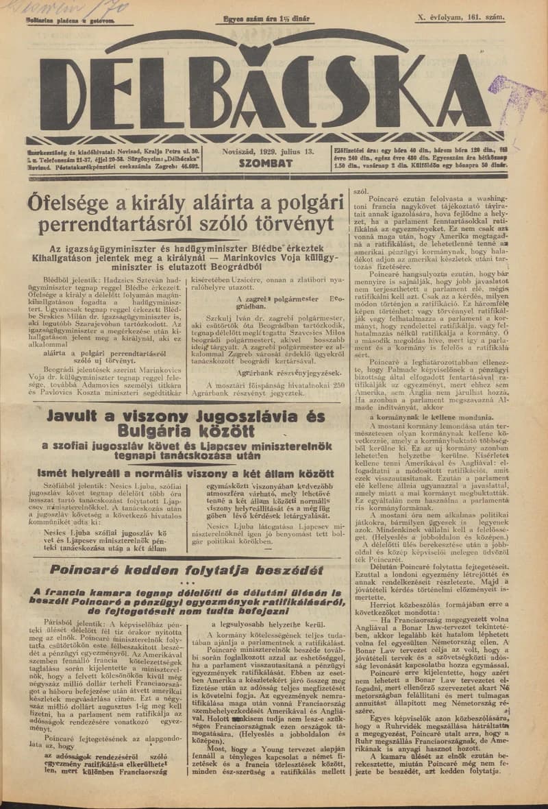 Délbácska, 10. évf. 1929. július 13. 161. sz.
