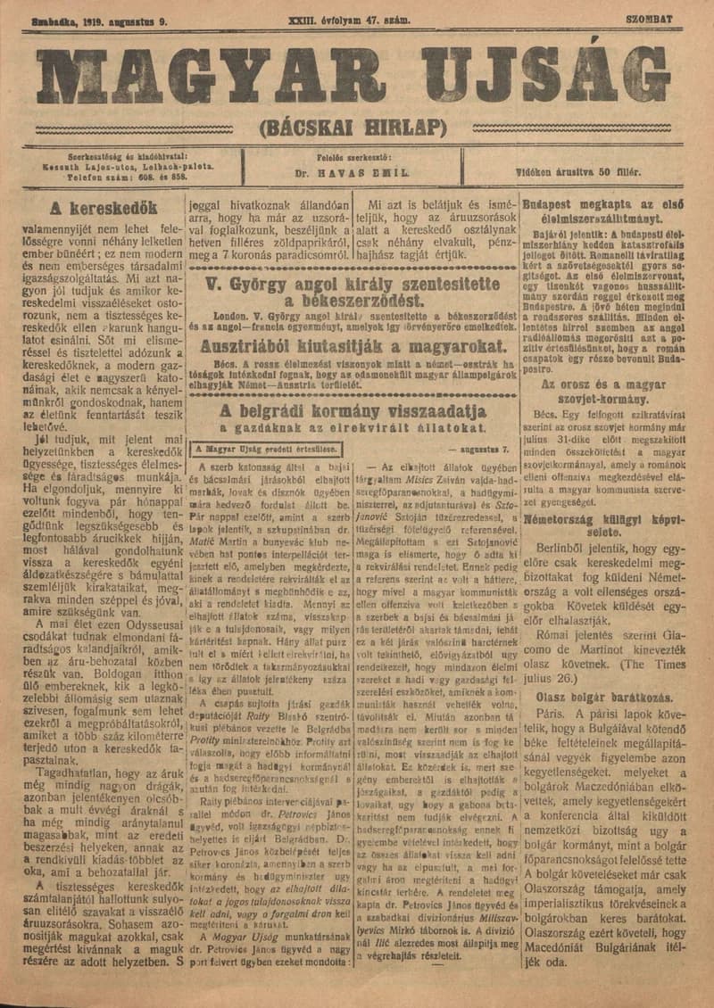 Bácskai Hirlap, 23. évf. 1919. augusztus 9. 47. sz.
