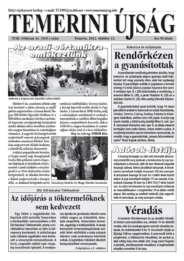 Temerini Újság, 18. évf. 2012. október 11. 41. sz.