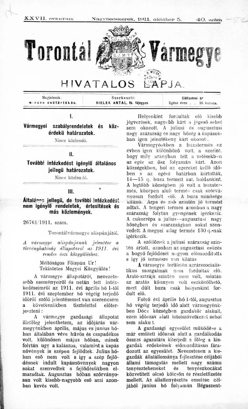 Torontál Vármegye Hivatalos Lapja, 27. évf. 1911. október 5. 40. sz.