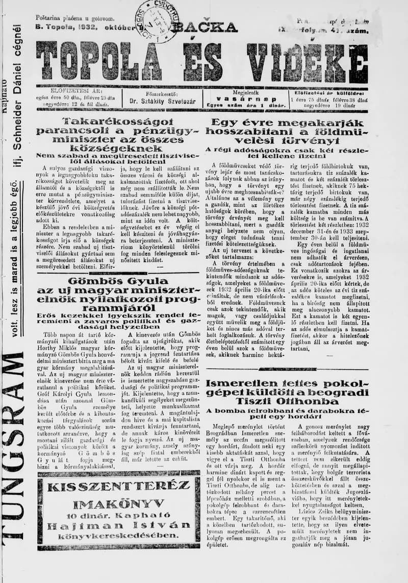Bačka Topola és Vidéke, 9. évf. 1932. október 9. 41. sz.
