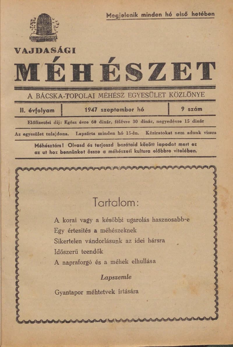 Vajdasági méhészet Bácska Topolya, 2. évf. 1947. szeptember 1. 9. sz.