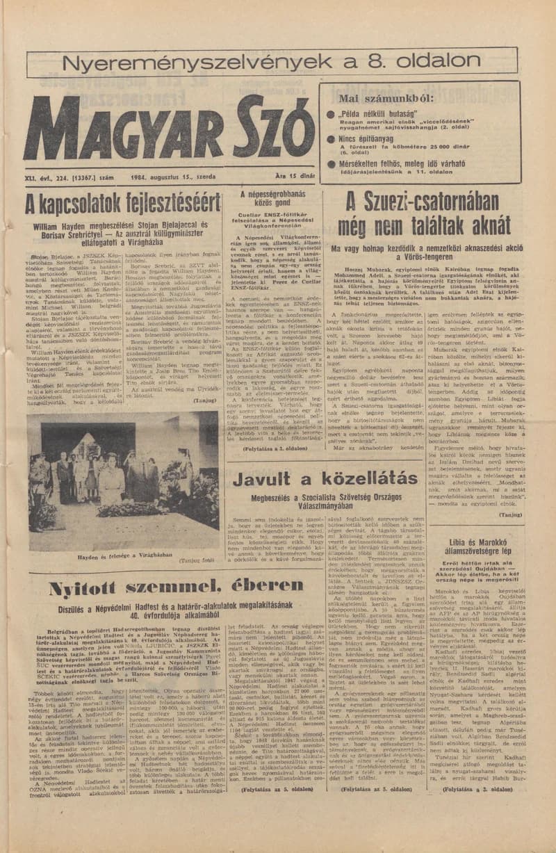 Magyar Szó, 41. évf. 1984. augusztus 15. 224. sz. 1–16. oldal