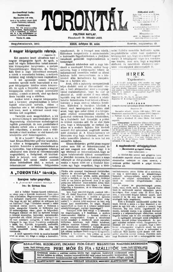Torontál, 39. évf. 1910. augusztus 10. 181. sz.