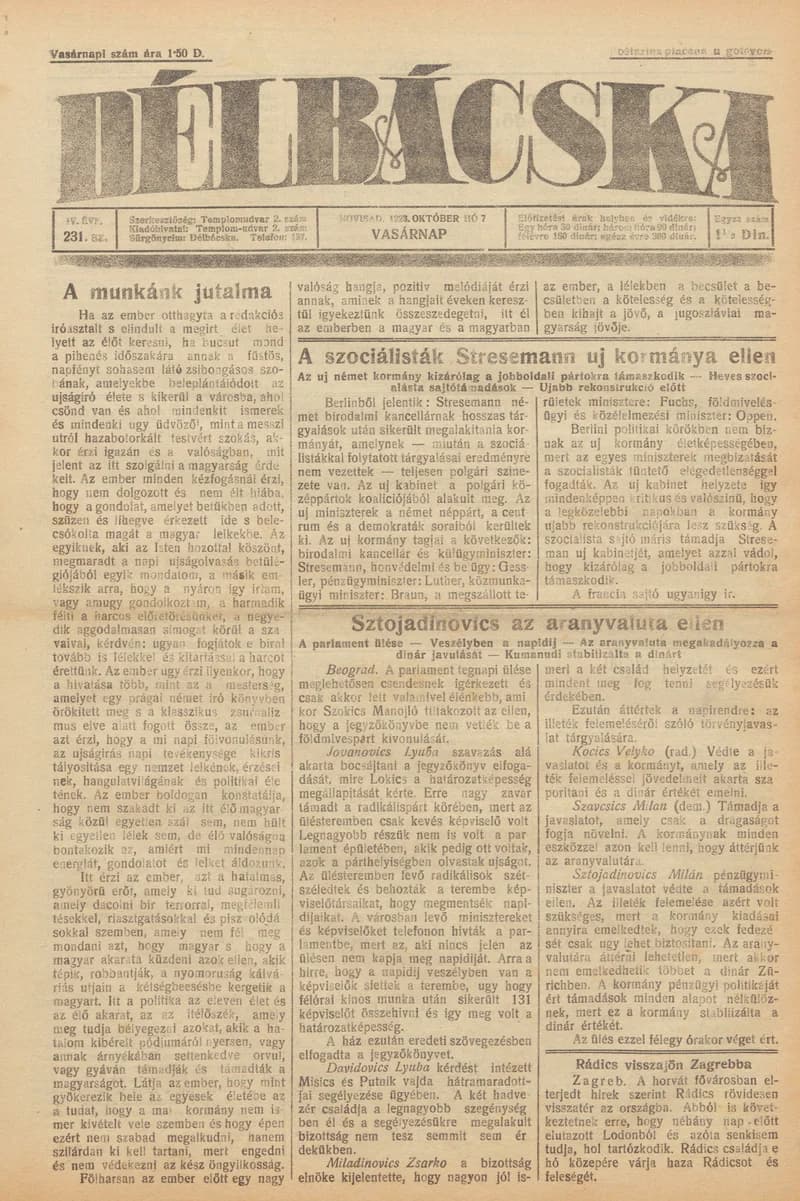 Délbácska, 4. évf. 1923. október 7. 231. sz.