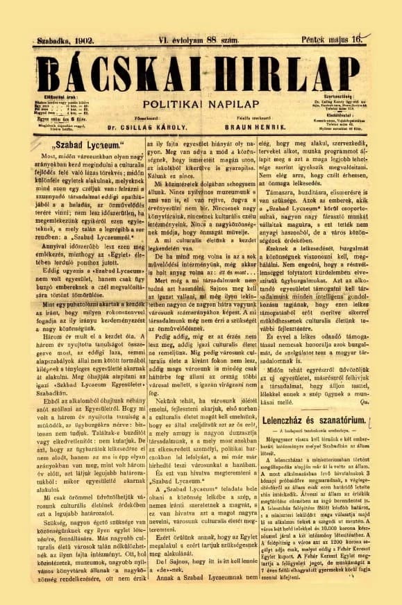 Bácskai Hirlap, 6. évf. 1902. május 16. 88. sz.