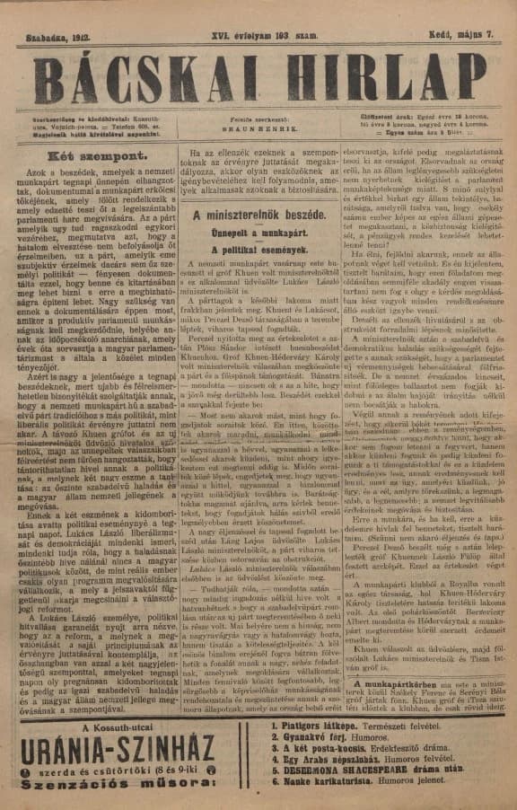 Bácskai Hirlap, 16. évf. 1912. május 8. 103. sz.