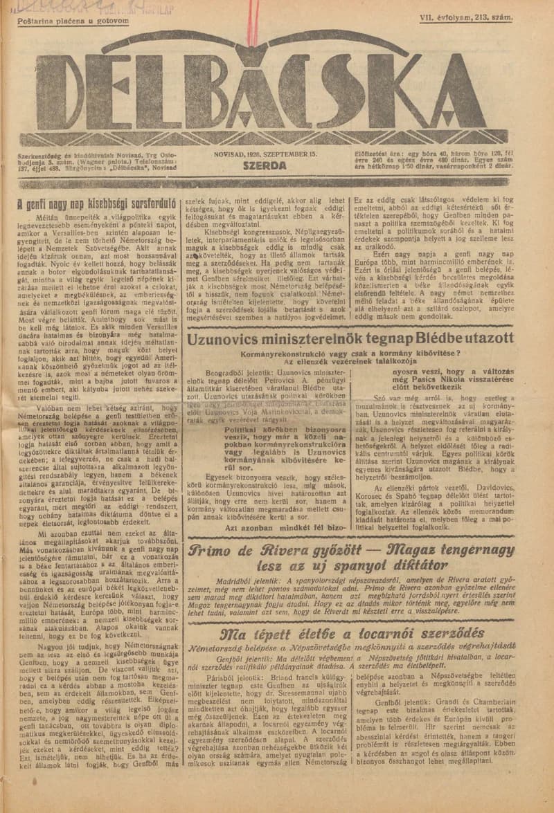 Délbácska, 7. évf. 1926. szeptember 15. 213. sz.