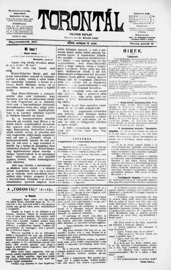 Torontál, 39. évf. 1910. január 21. 16. sz.