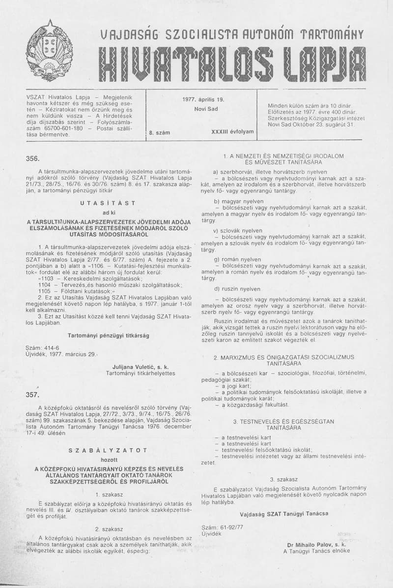 Vajdaság Szocialista Autonóm Tartomány Hivatalos Lapja, 33. évf. 1977. április 19. 8. sz. 433–436. oldal
