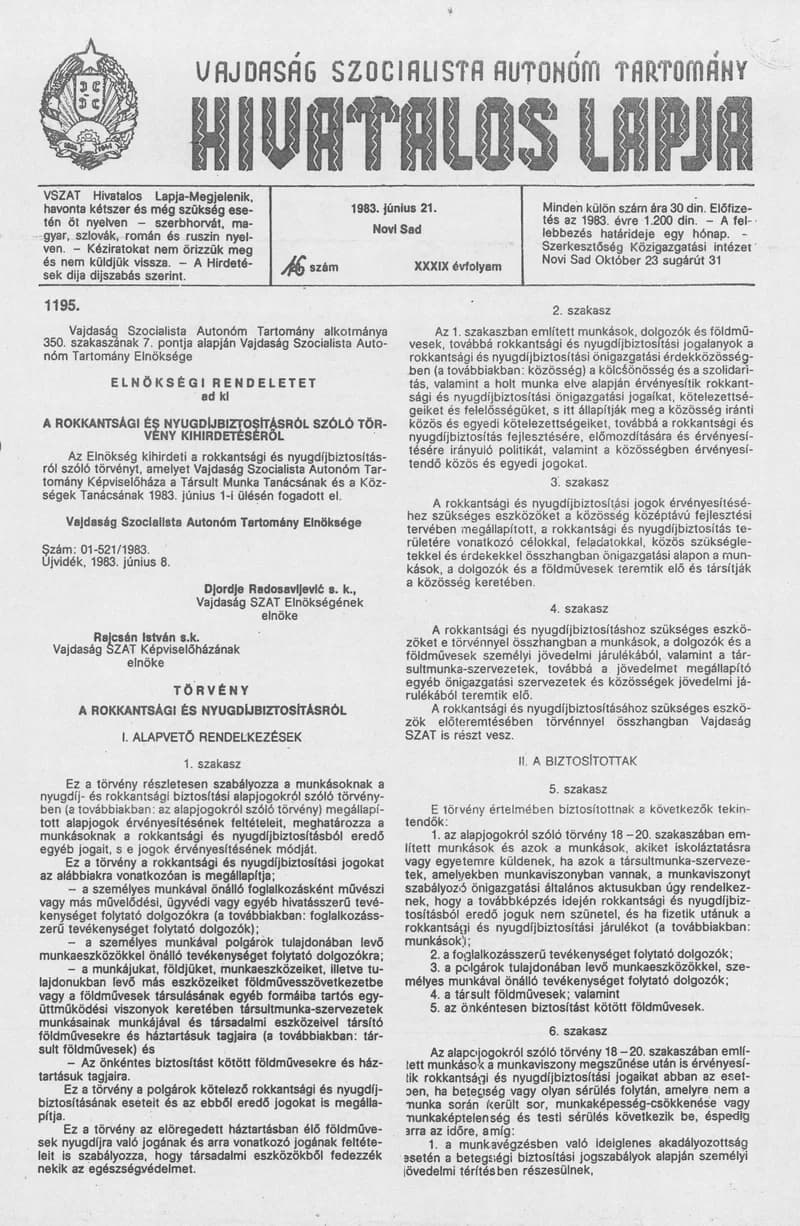 Vajdaság Szocialista Autonóm Tartomány Hivatalos Lapja, 39. évf. 1983. június 21. 16. sz.