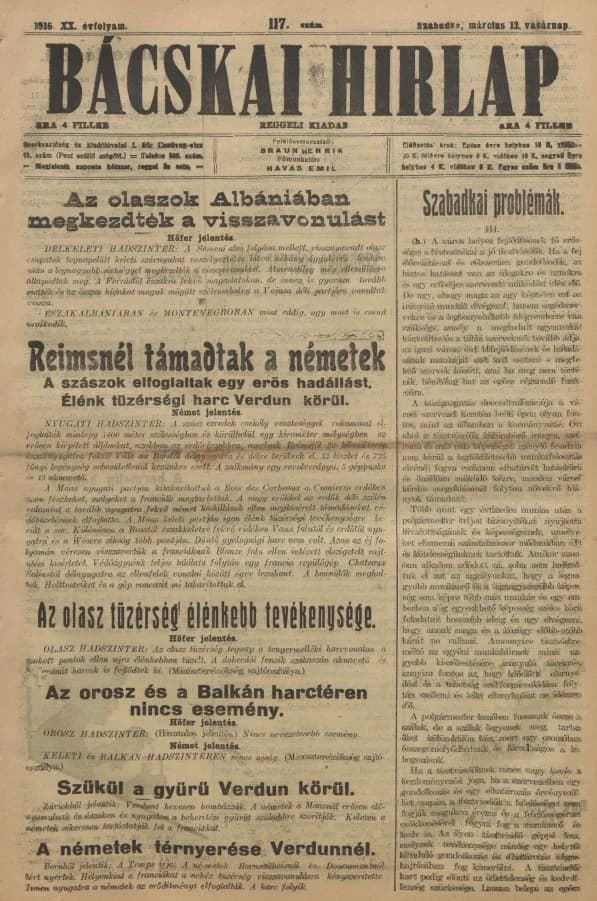 Bácskai Hirlap, 20. évf. 1916. március 12. 117. sz.