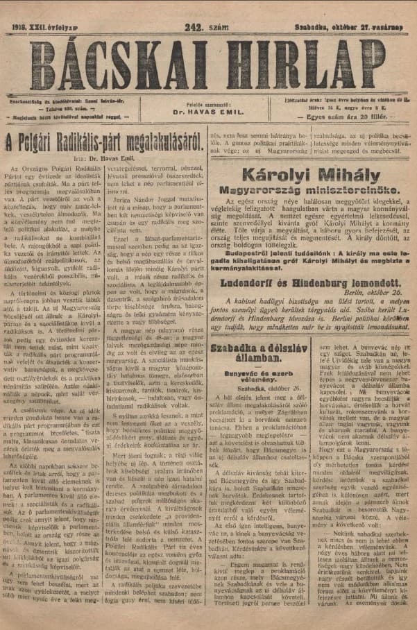 Bácskai Hirlap, 22. évf. 1918. október 27. 242. sz.