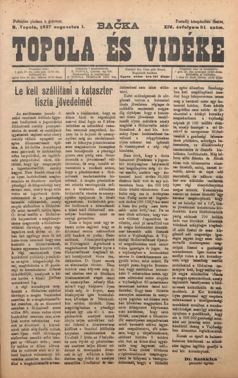 Bačka Topola és Vidéke, 14. évf. 1937. augusztus 1. 31. sz.