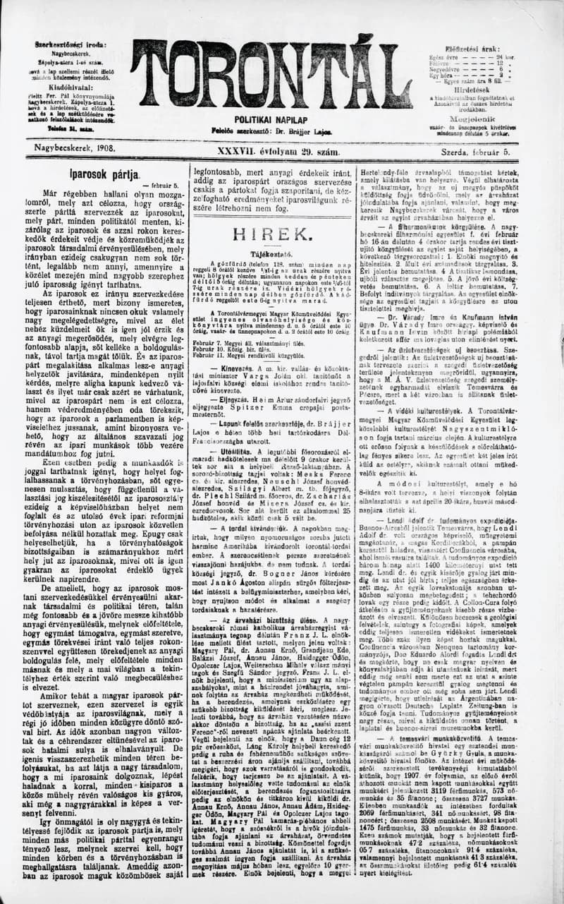 Torontál, 37. évf. 1908. február 5. 29. sz.