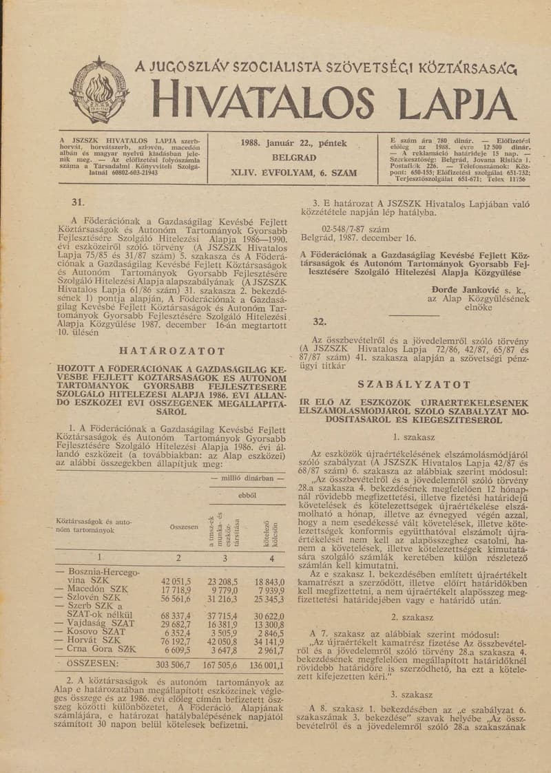 A Jugoszláv Szocialista Szövetségi Köztársaság Hivatalos Lapja, 44. évf. 1988. január 22. 6. sz. 137–188. oldal