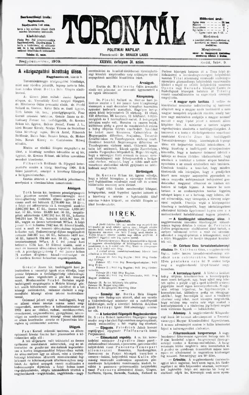 Torontál, 38. évf. 1909. február 9. 31. sz.