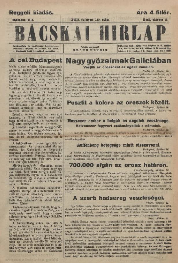 Bácskai Hirlap, 18. évf. 1914. október 13. 242. sz.