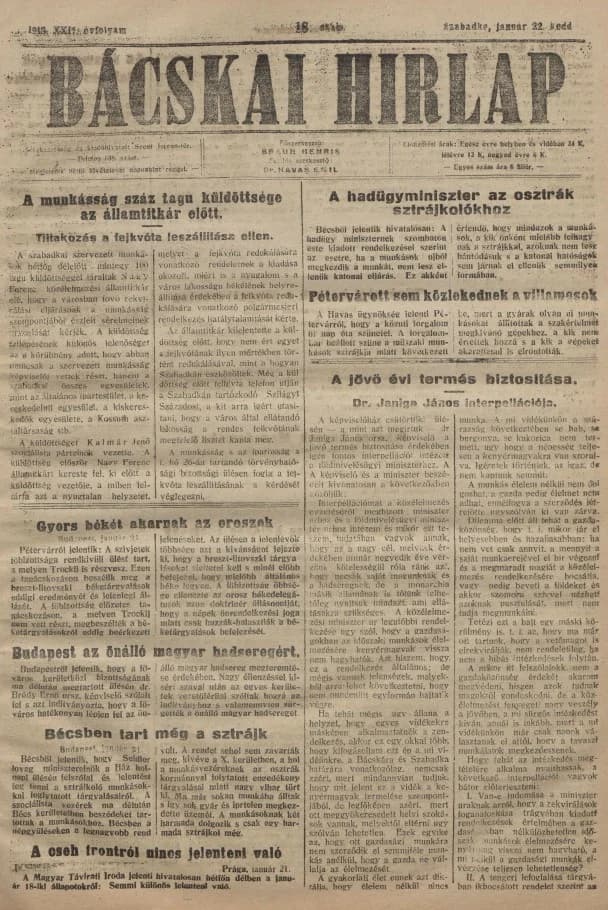 Bácskai Hirlap, 22. évf. 1918. január 22. 18. sz.
