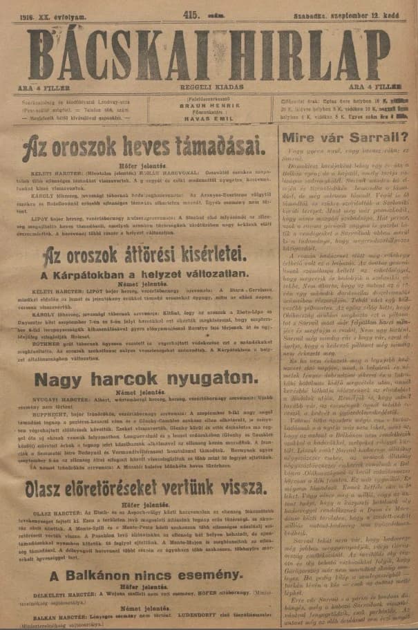 Bácskai Hirlap, 20. évf. 1916. szeptember 12. 415. sz.