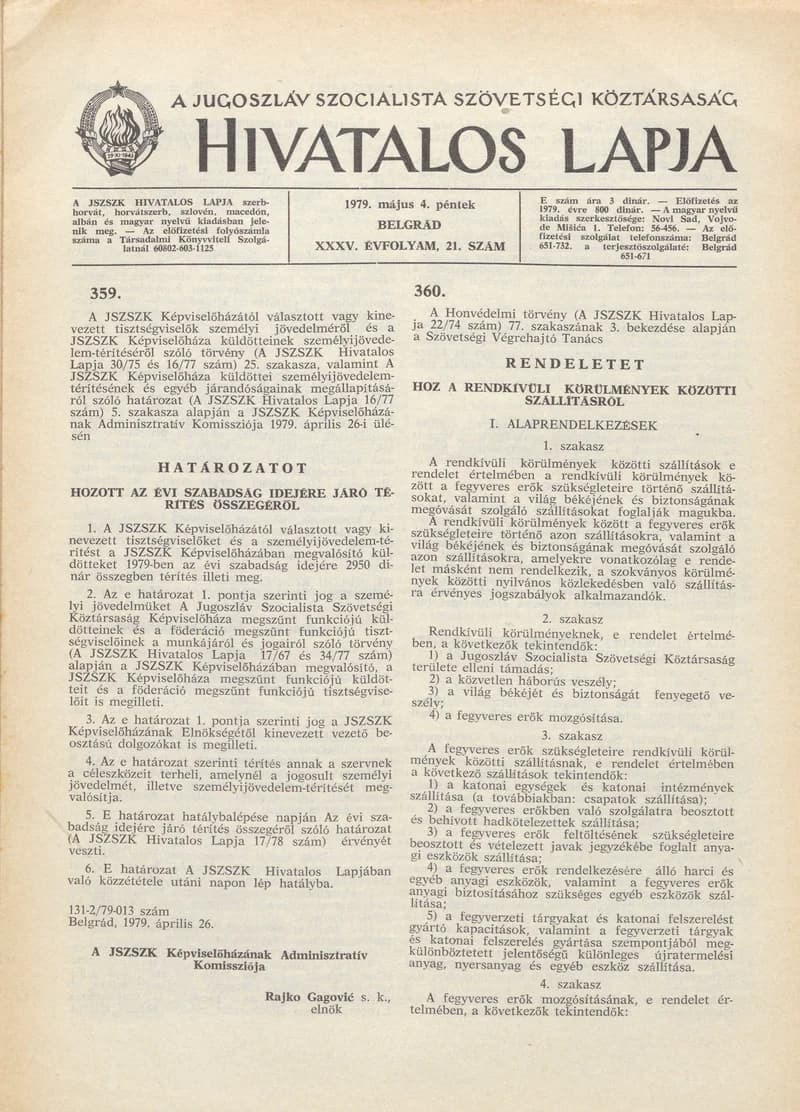 A Jugoszláv Szocialista Szövetségi Köztársaság Hivatalos Lapja, 35. évf. 1979. május 4. 21. sz. 645–652. oldal