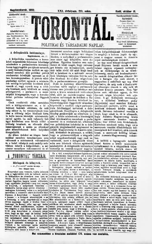 Torontál, 21. évf. 1892. október 18. 219. sz.