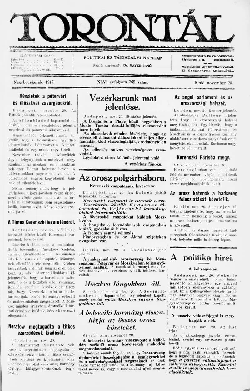 Torontál, 46. évf. 1917. november 20. 265. sz.