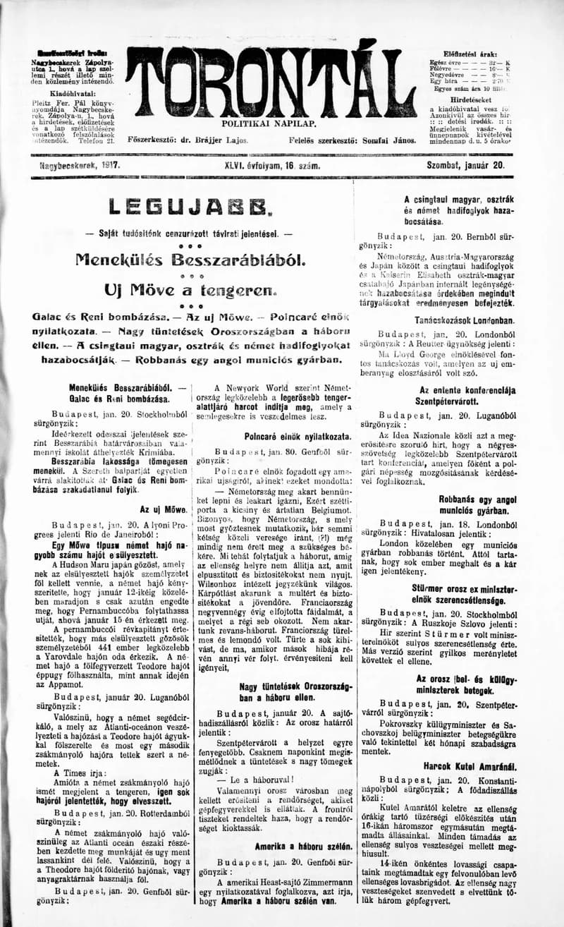 Torontál, 46. évf. 1917. január 20. 16. sz.