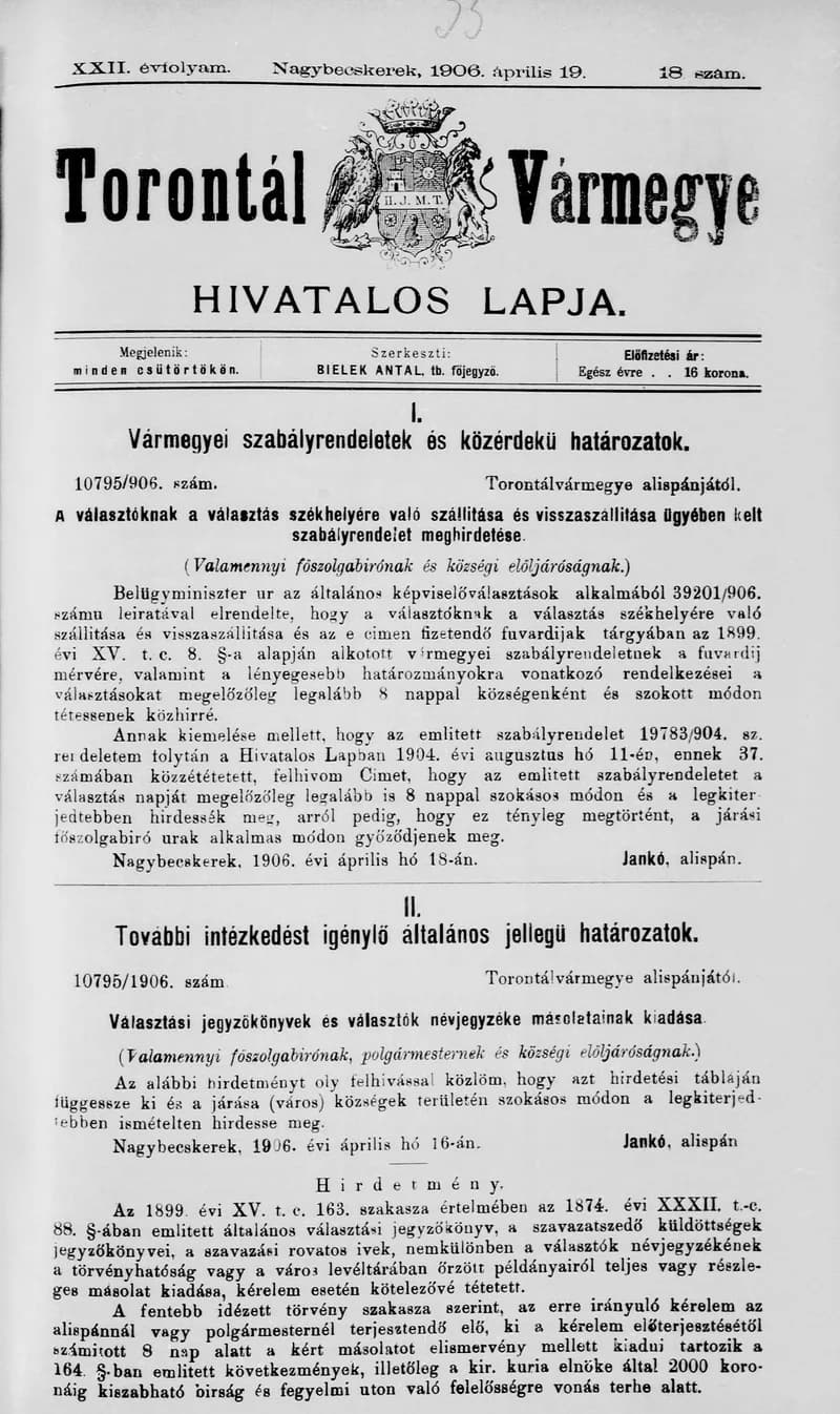 Torontál Vármegye Hivatalos Lapja, 22. évf. 1906. április 19. 18. sz.
