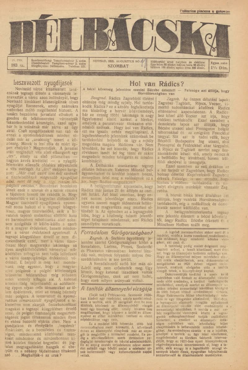 Délbácska, 4. évf. 1923. augusztus 11. 183. sz.