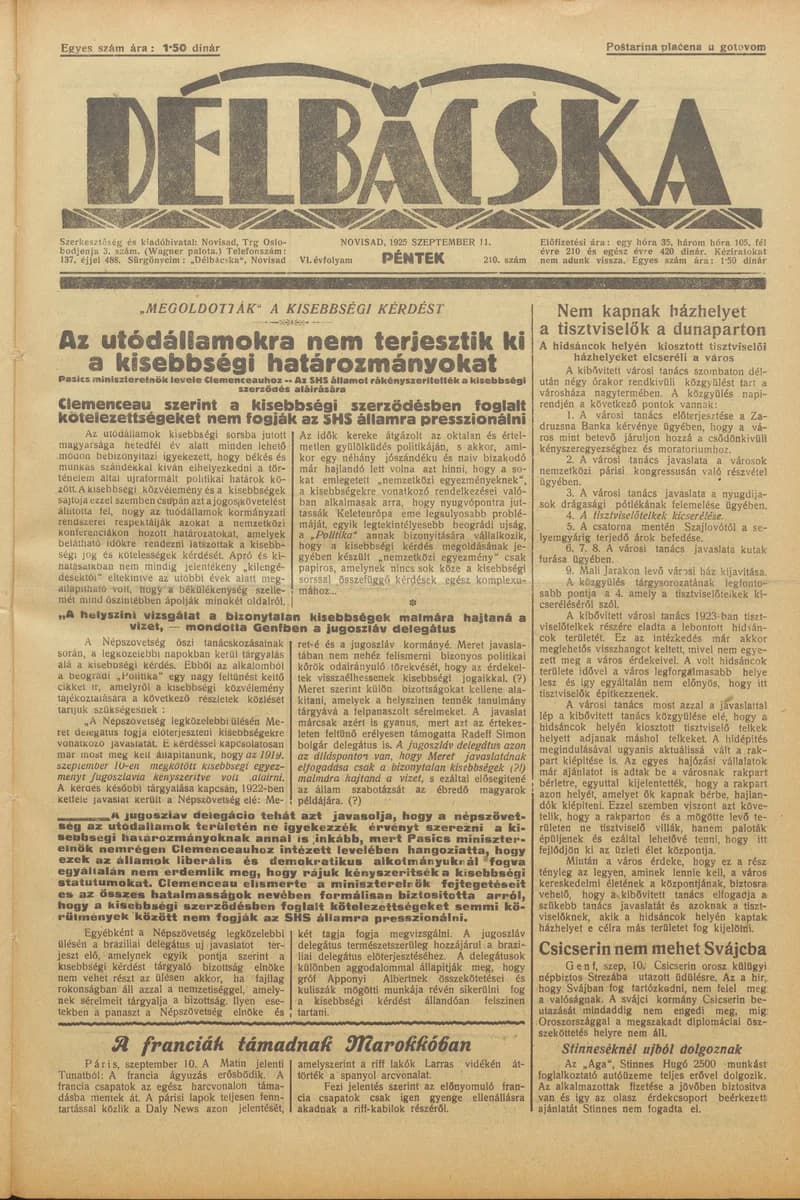 Délbácska, 6. évf. 1925. szeptember 11. 210. sz.
