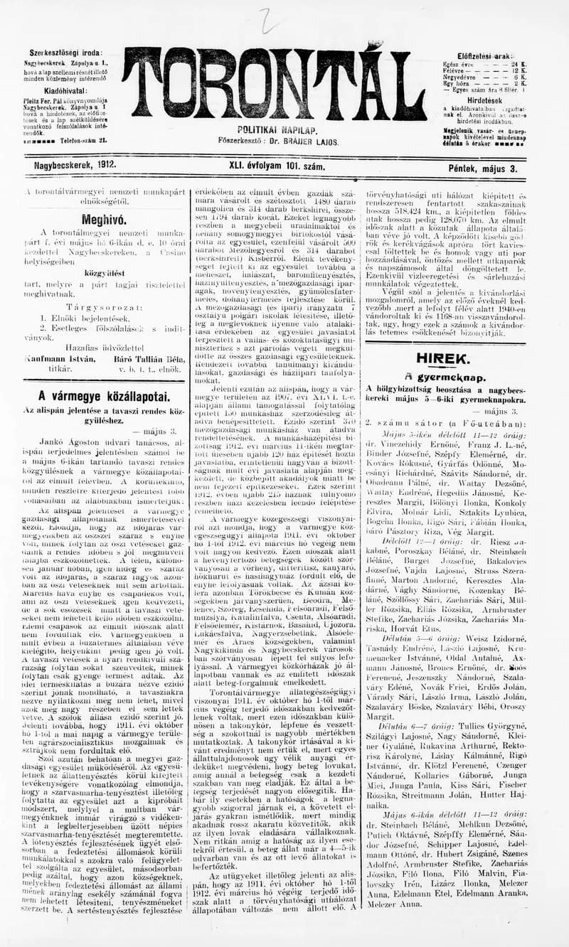 Torontál, 41. évf. 1912. május 3. 101. sz.