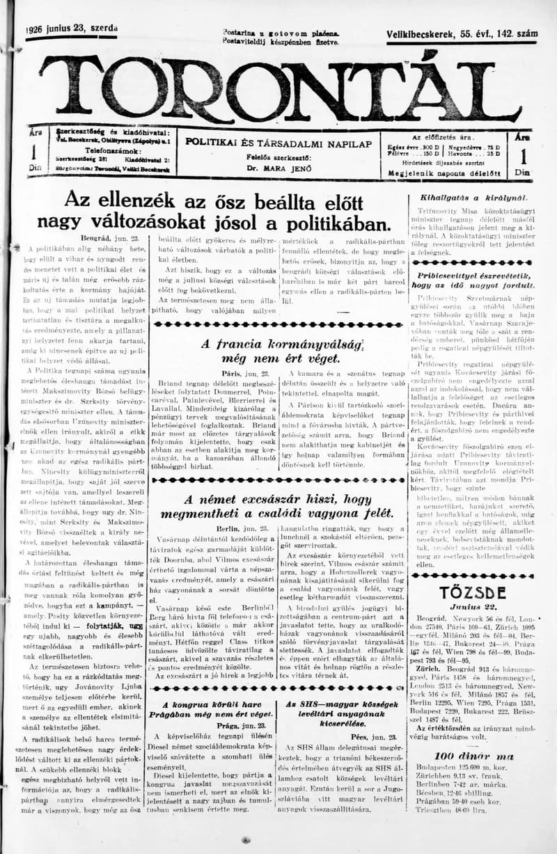 Torontál, 55. évf. 1926. június 23. 142. sz.