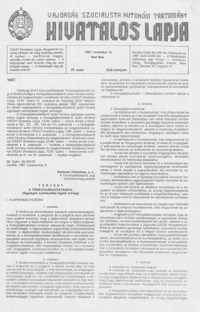 Vajdaság Szocialista Autonóm Tartomány Hivatalos Lapja, 43. évf. 1987. november 14. 29. sz.