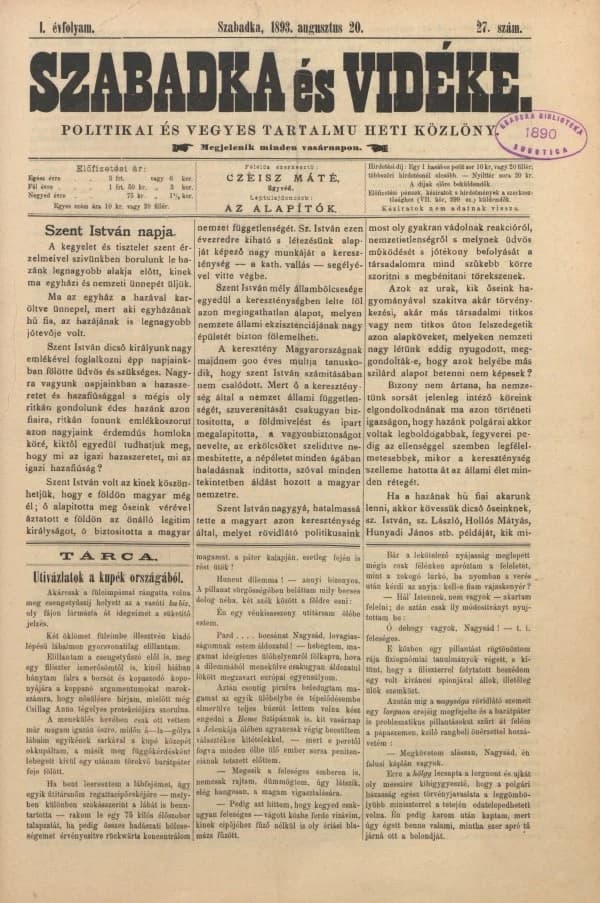 Szabadka és vidéke II, 1. évf. 1893. augusztus 20. 27. sz.