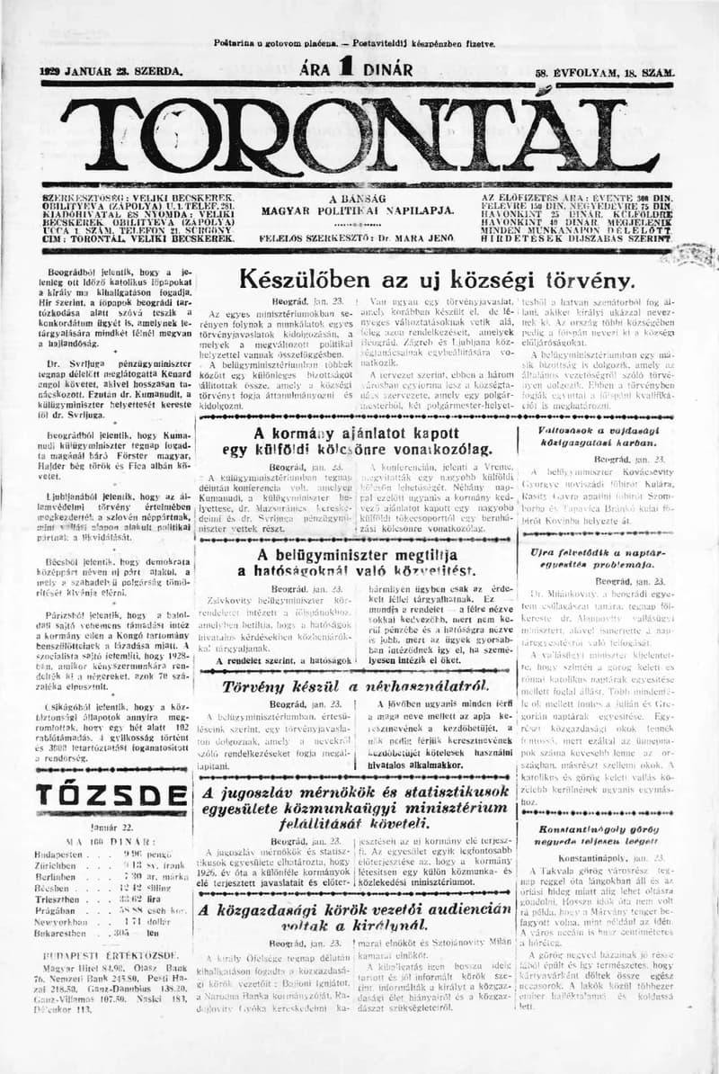 Torontál, 58. évf. 1929. január 23. 18. sz.