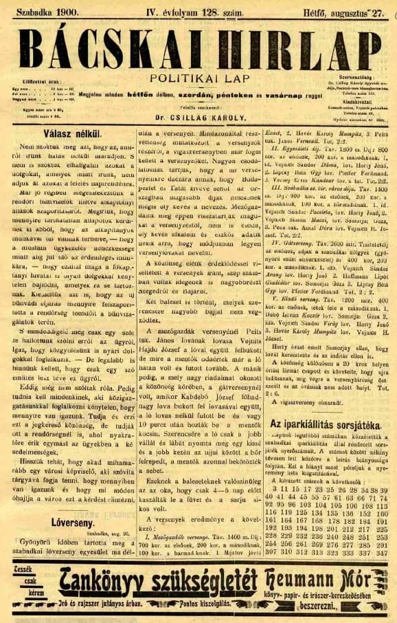 Bácskai Hirlap, 4. évf. 1900. augusztus 27. 128. sz.