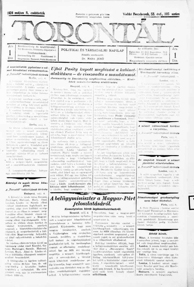Torontál, 53. évf. 1924. május 8. 105. sz.