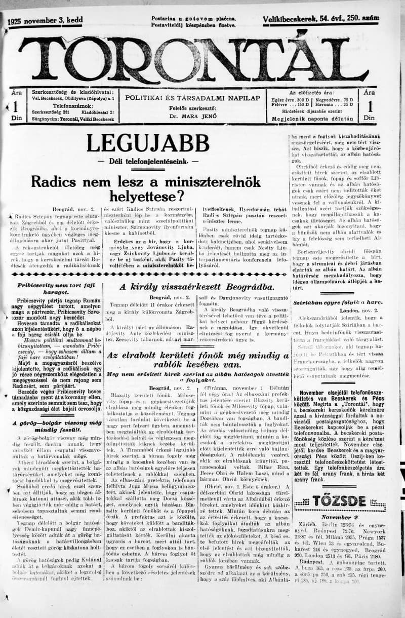 Torontál, 54. évf. 1925. november 3. 250. sz.