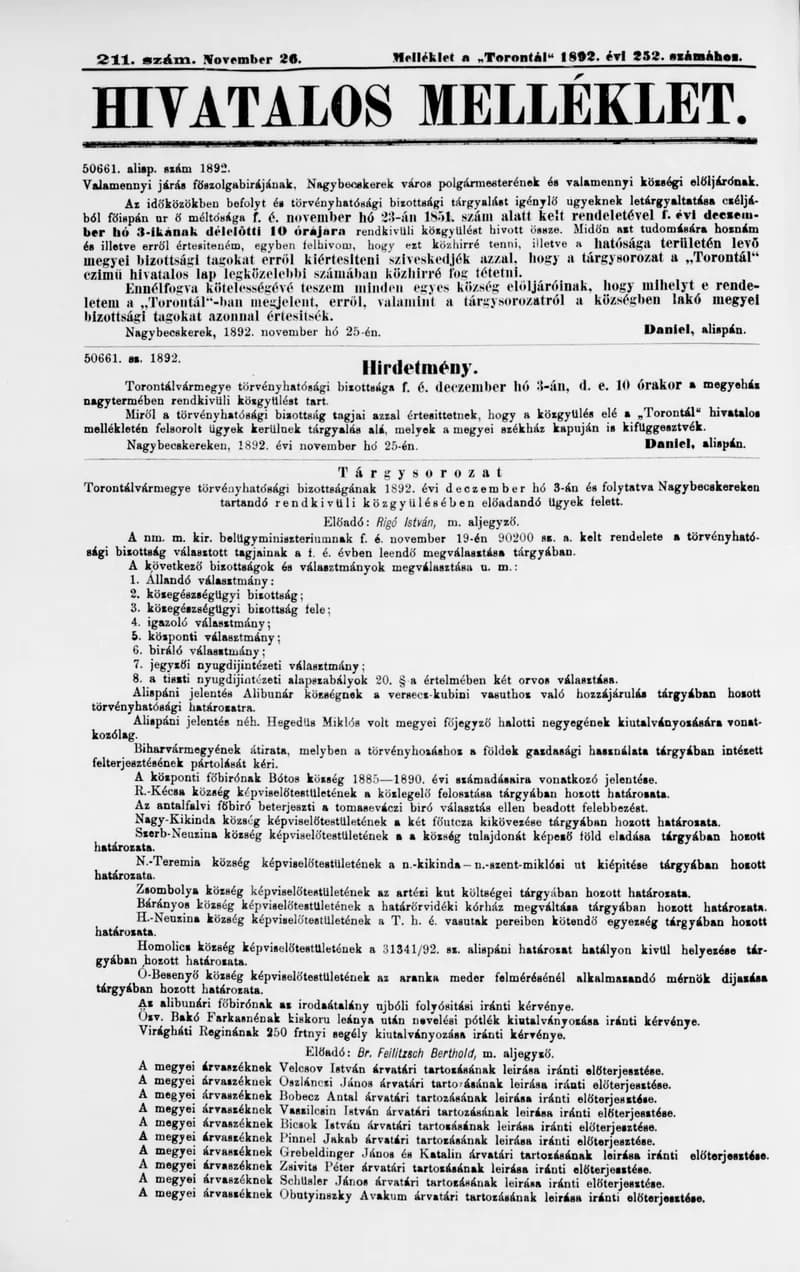 A Totontál  hivatalos melléklete, 5. évf. 1892. november 26. 211. sz.