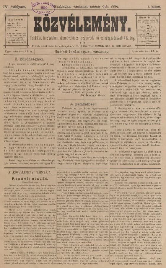 Közvélemény, 4. évf. 1889. január 6. 1. sz.