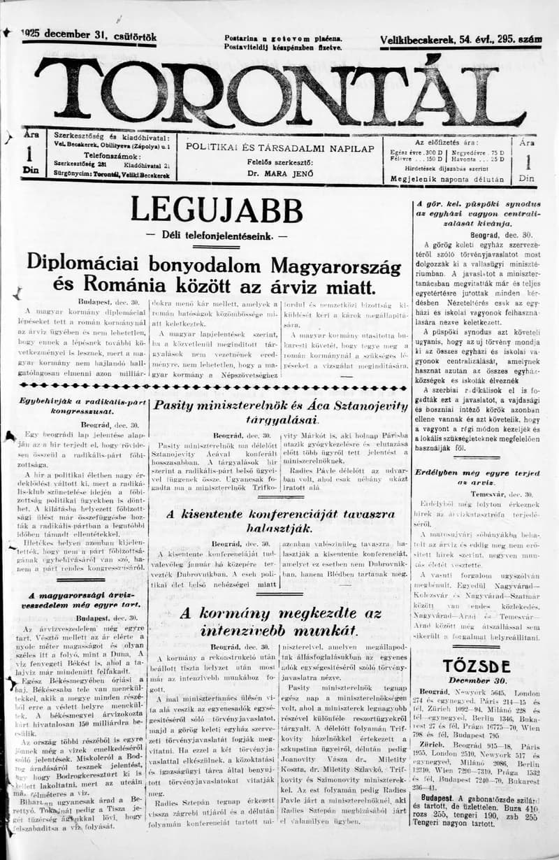 Torontál, 54. évf. 1925. december 31. 295. sz.