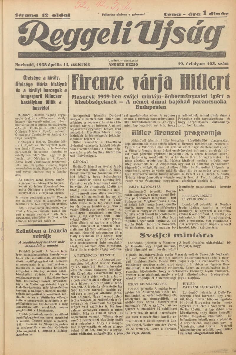 Reggeli Újság, 19. évf. 1938. április 14. 103. sz.