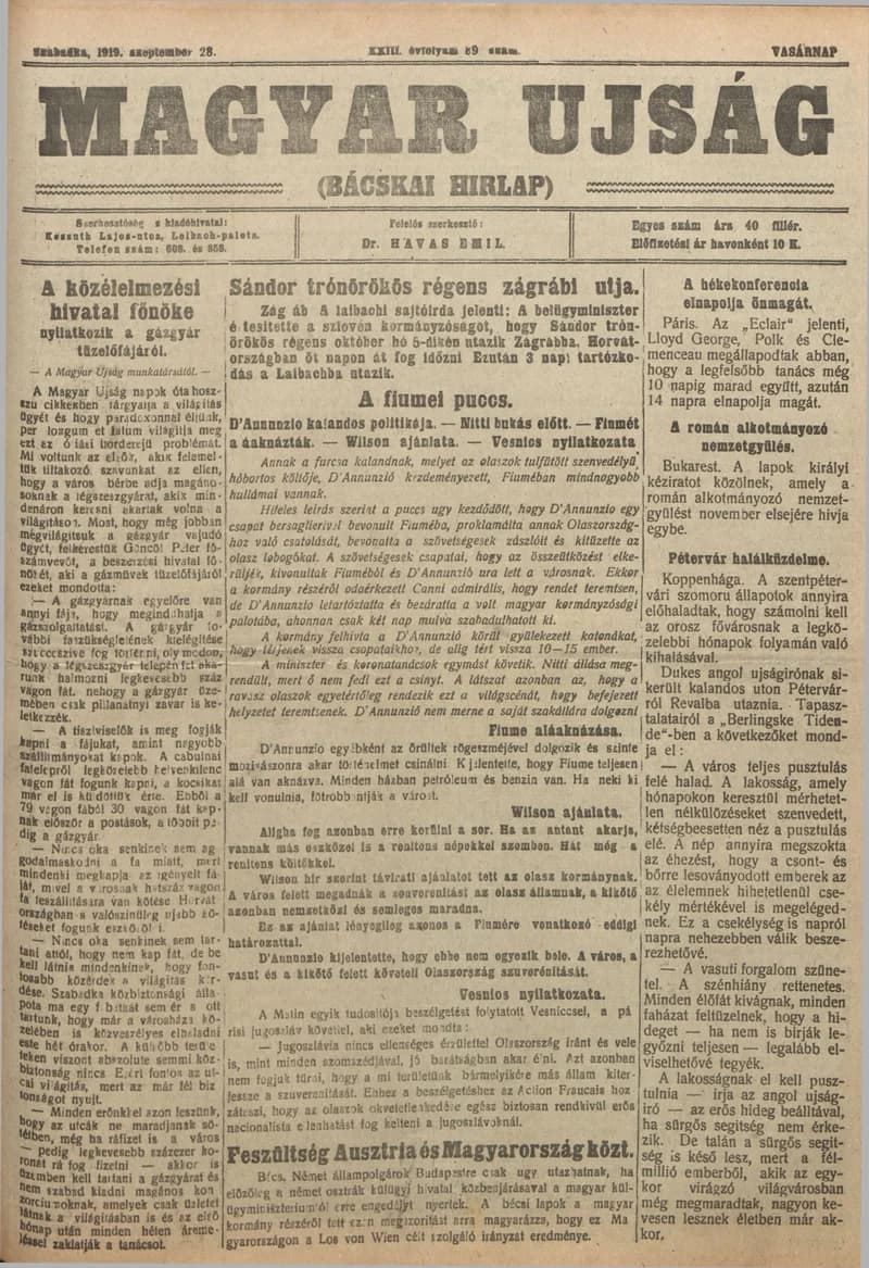 Bácskai Hirlap, 23. évf. 1919. szeptember 28. 89. sz.