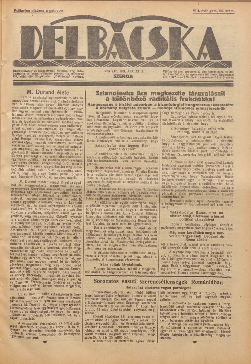 Délbácska, 8. évf. 1927. április 13. 86. sz.