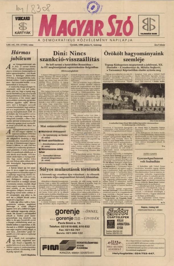 Magyar Szó, 53. évf. 1996. június 9. 135. sz. 1–24. oldal