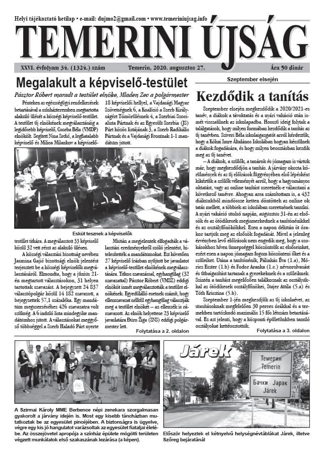 Temerini Újság, 26. évf. 2020. augusztus 27. 34. sz.
